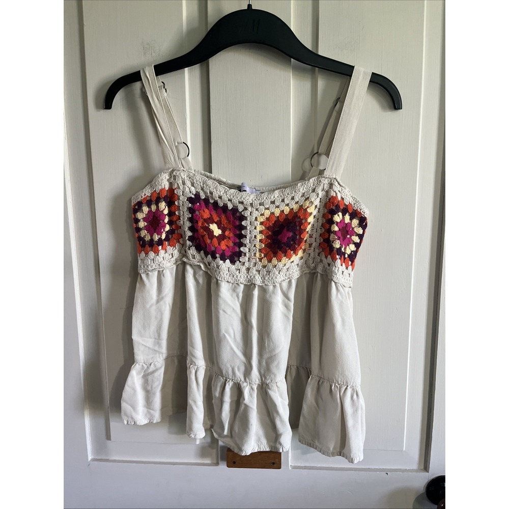 SO  Crochet Babydoll Women Boho Granny Square Cottagecore Peplum Top Large